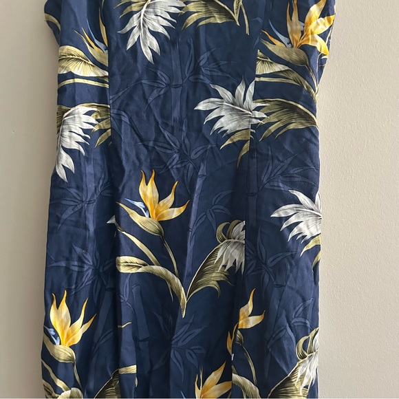 Paradise Found Dress Navy Blue Hawaiian Floral Print Bamboo Women Medium Vintage - Picture 5 of 10